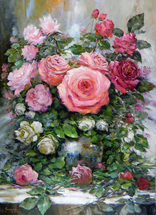 Painting titled "Festive bouquet" by German Medvetsky, Original Artwork, Oil