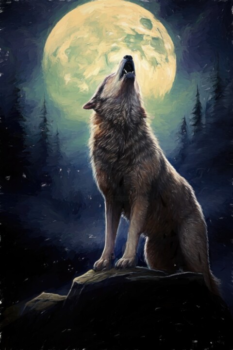 Arts numériques intitulée "Wolf Howling At The…" par Gerry Martinez, Œuvre d'art originale, Peinture numérique