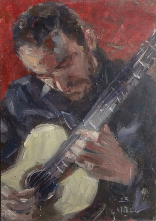 Malerei mit dem Titel "Guitarist" von Gerry Miller, Original-Kunstwerk, Öl