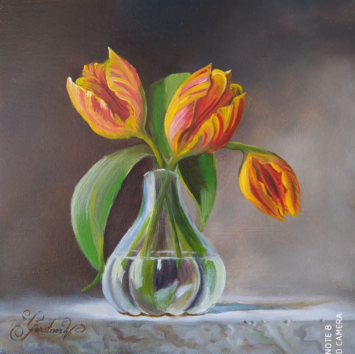 Drei Tulpen In Einer Glasvase, Schilderij Karl-Werner | Artmajeur