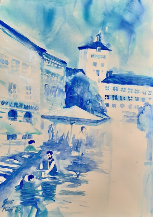 Malerei mit dem Titel "Stadtplatz Traunste…" von Gertraud Haunerdinger, Original-Kunstwerk, Aquarell Auf Karton montiert