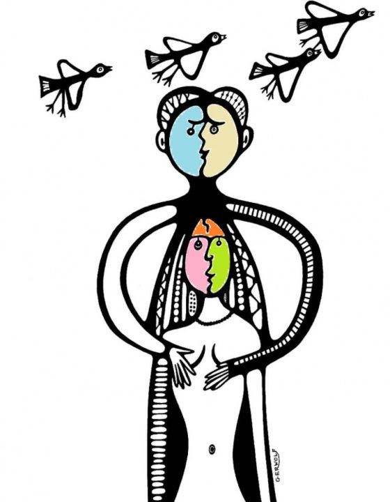 Drawing titled "Man, Woman and Birds" by Gerwolf, Original Art, Other