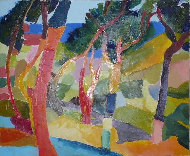 Painting titled "La pinede" by Gilles Galboud, Original Artwork, Oil