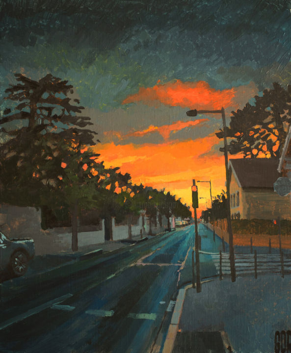 Peinture intitulée "Crépuscule sur ville" par Gori, Œuvre d'art originale, Acrylique