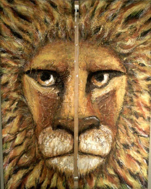 Painting titled "Le lion" by Frédérique Ghane-Milani, Original Artwork, Oil