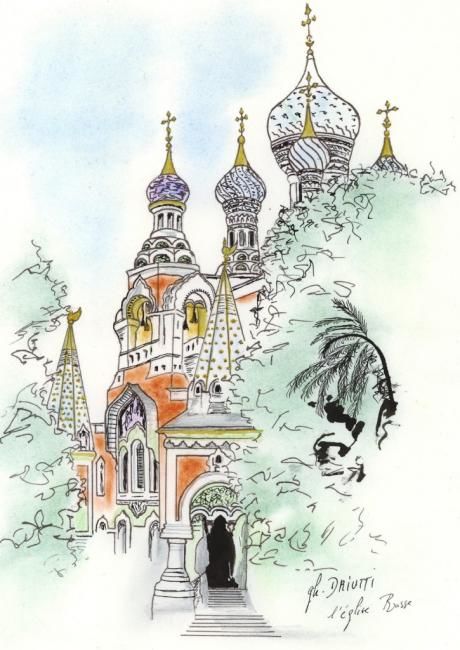 Dessin intitulée "Nice Eglise russe" par Ghislaine Driutti, Œuvre d'art originale