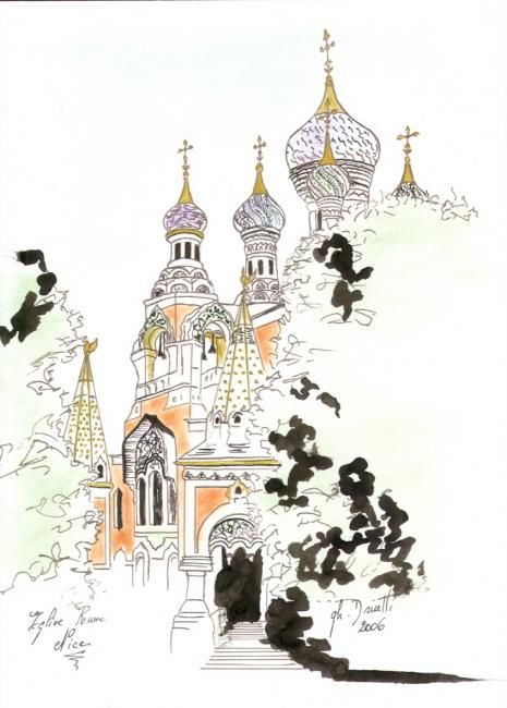 Drawing titled "Nice Eglise russe 2" by Ghislaine Driutti, Original Artwork