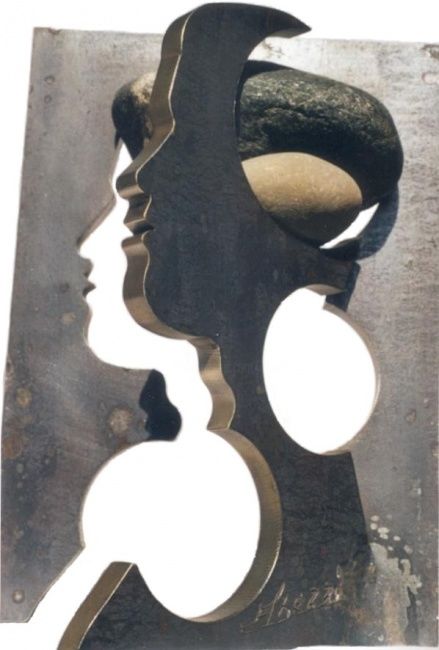 Skulptur mit dem Titel "Métal acier et pier…" von Ghezzi, Original-Kunstwerk, Metalle