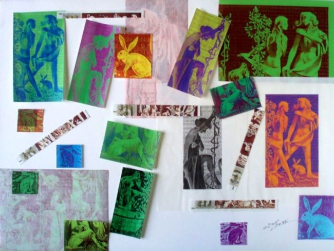 Collages getiteld "Lapin jaune" door Ghezzi, Origineel Kunstwerk