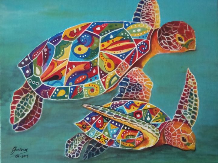 "Pop Art Turtles" başlıklı Tablo Ghislaine tarafından, Orijinal sanat, Akrilik