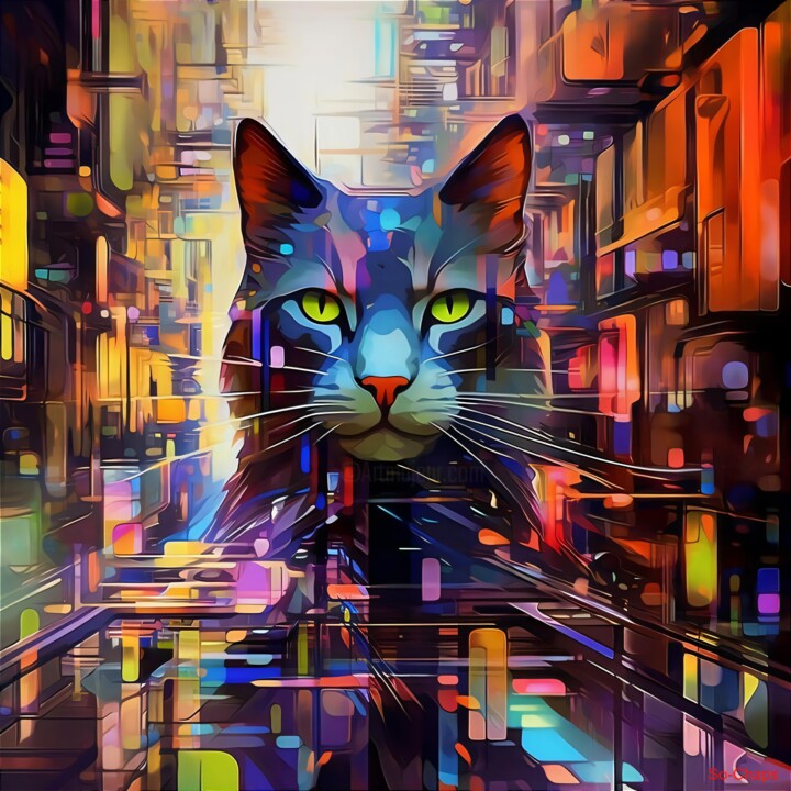 Digitale Kunst mit dem Titel "Chat N°2" von Ghislaine Chapuis, Original-Kunstwerk, KI-generiertes Bild