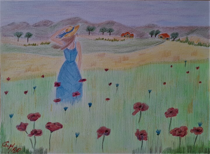 Drawing titled "Coquelicots'girl" by Ghislaine Chedebois (Gimar), Original Artwork, Pencil