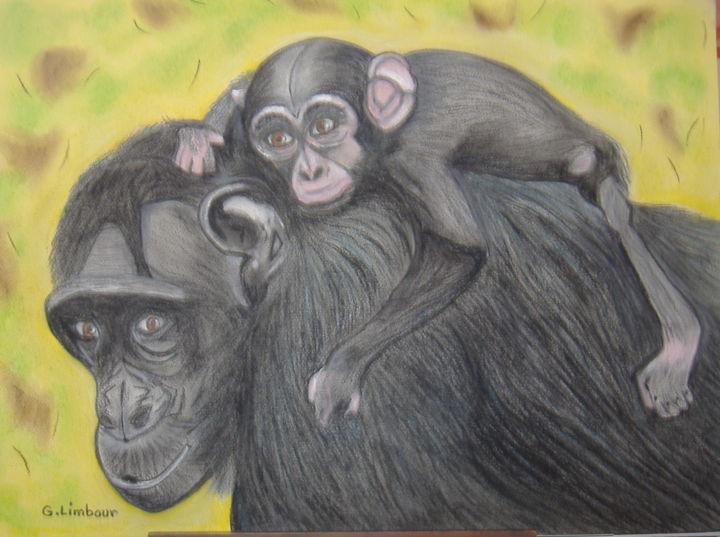 Schilderij getiteld "maman et BB chimpan…" door Ghislaine Limbour, Origineel Kunstwerk, Pastel