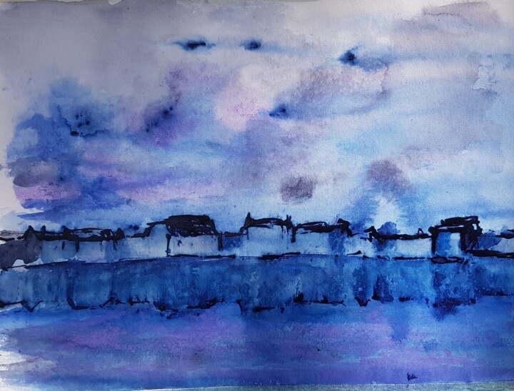 Painting titled "Decize's skyline" by Ghislaine Rimmen-Mohl, Original Artwork, Watercolor
