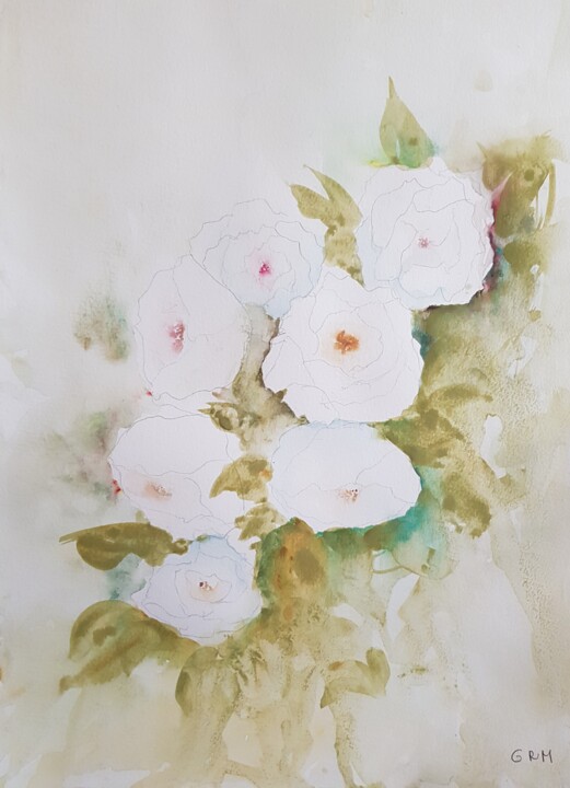 Pintura intitulada "roses blanches" por Ghislaine Rimmen-Mohl, Obras de arte originais, Aquarela