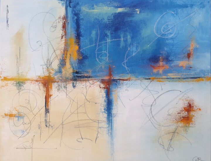 Pintura titulada "Abstrait blanc bleu" por Ghita Benkirane, Obra de arte original, Oleo Montado en Bastidor de camilla de ma…