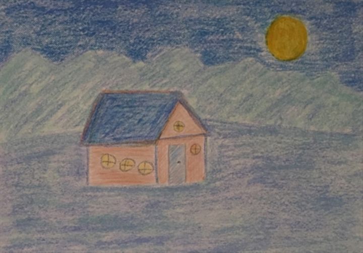 Drawing titled "Moon over the house" by Giart, Original Artwork, Pastel