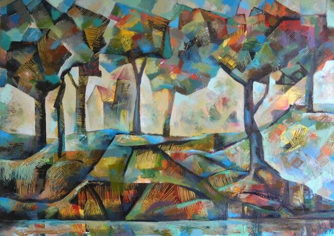 Painting titled "art_Landscape_with_…" by Gia Gugushvili, Original Artwork