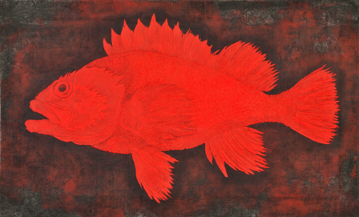 Painting titled "Red fish" by Gian Luigi Delpin, Original Artwork, Acrylic Mounted on Wood Stretcher frame