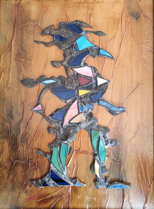 Collagen mit dem Titel "Fragments of heroes…" von Giango, Original-Kunstwerk, Glas Auf Keilrahmen aus Holz montiert