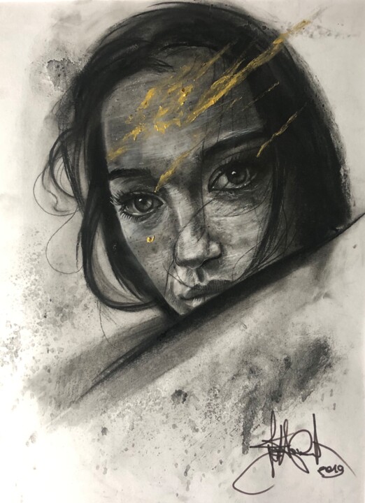 Painting titled "Alice Portrait" by Gianluca Fascetto, Original Artwork, Charcoal