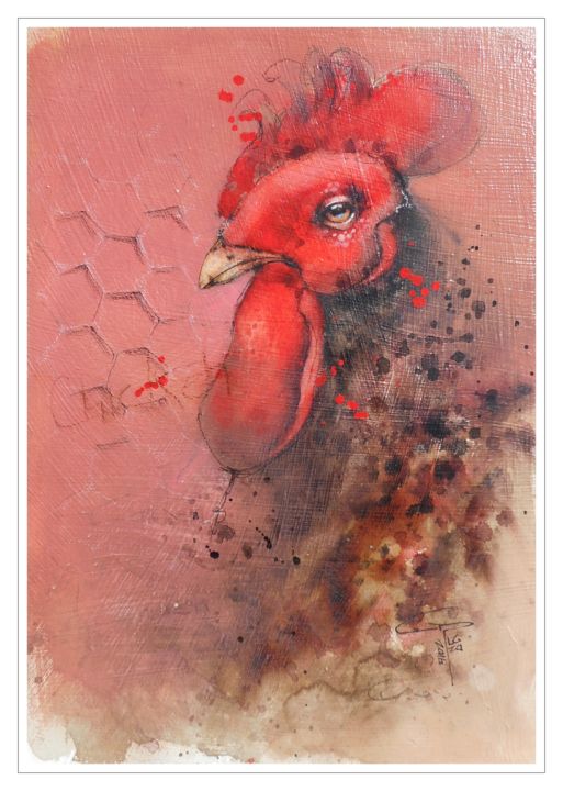 Painting titled "Chicken" by Gianluigi Punzo, Original Artwork, Gouache