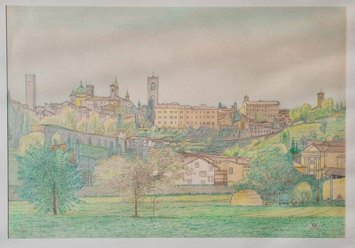 Pittura intitolato "Bergamo - Città Alt…" da Gianluigi Riva, Opera d'arte originale, Pastello