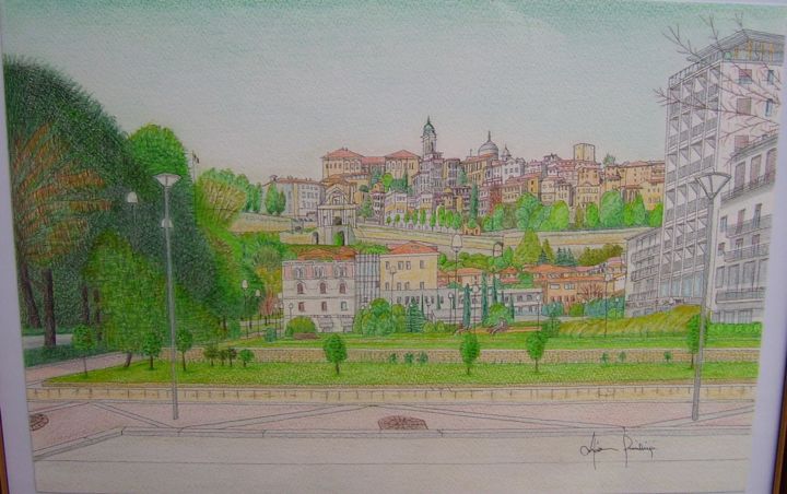 Pittura intitolato "Bergamo - Città Alt…" da Gianluigi Riva, Opera d'arte originale, Acquarello