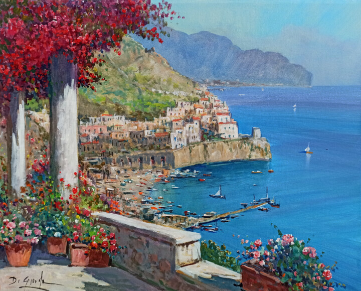 Картина под названием "Amalfi flowers in s…" - Gianni Di Guida, Подлинное произведение искусства, Масло Установлен на Деревя…