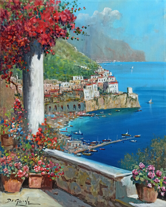 Painting titled "Flowers in Amalfi s…" by Gianni Di Guida, Original Artwork, Oil Mounted on Wood Stretcher frame