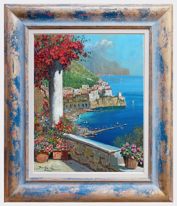 Painting titled "Flowers Amalfi seas…" by Gianni Di Guida, Original Artwork, Oil Mounted on Wood Stretcher frame
