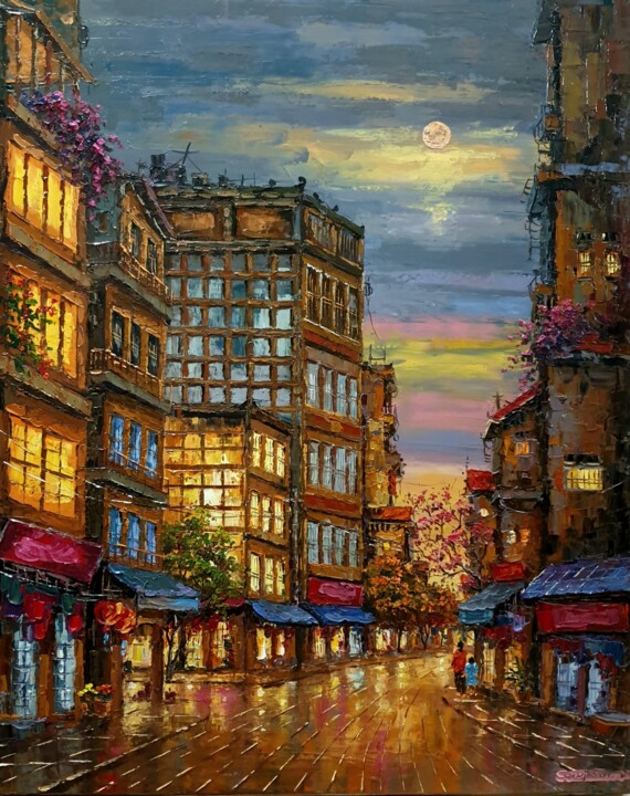 Painting titled "Khi phố lên đèn 6 (…" by Giap Son, Original Artwork, Oil