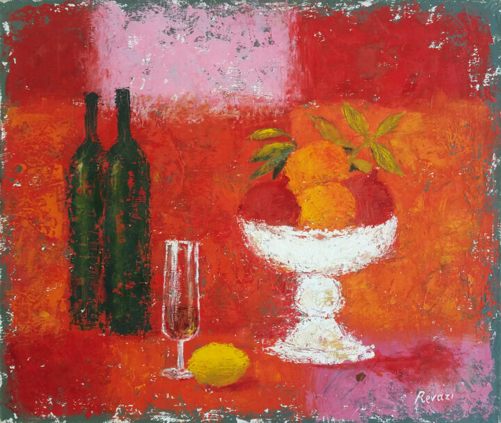 Painting titled "Still life with fru…" by Gia Revazi, Original Artwork, Oil Mounted on Wood Stretcher frame