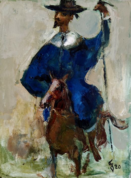 Ζωγραφική με τίτλο "Horse rider in Blou" από George Rurua, Αυθεντικά έργα τέχνης, Ακρυλικό