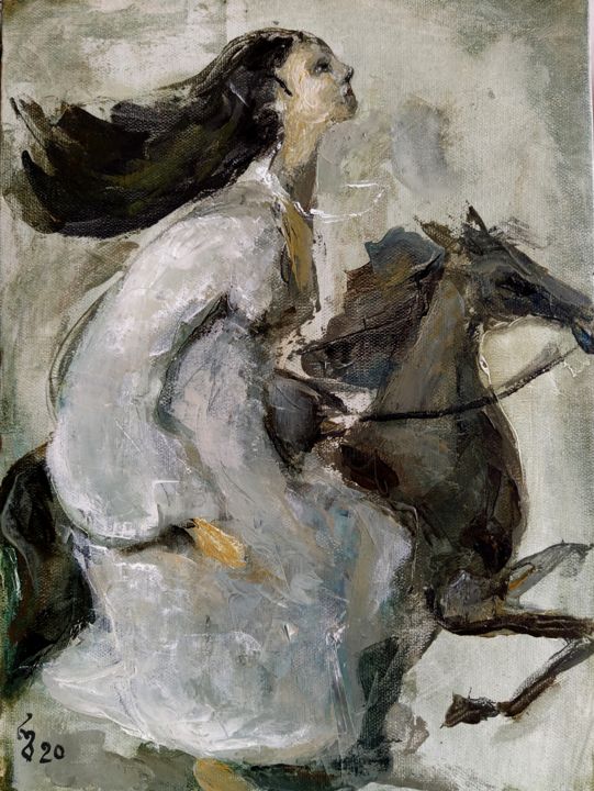 Ζωγραφική με τίτλο "Horse rider girl" από George Rurua, Αυθεντικά έργα τέχνης, Ακρυλικό