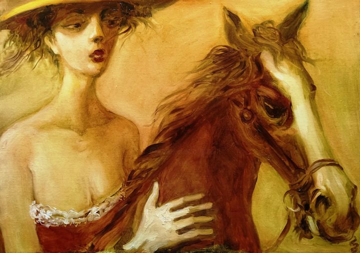 Ζωγραφική με τίτλο "The Horse Riding In…" από George Rurua, Αυθεντικά έργα τέχνης, Λάδι