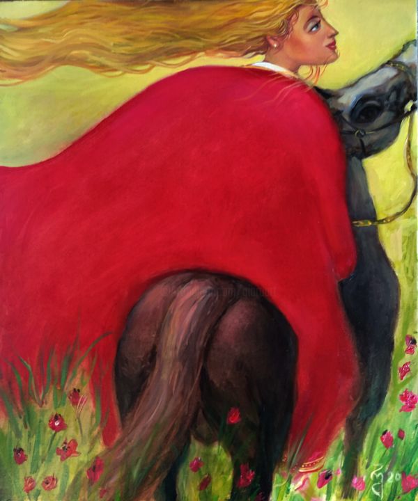 Malerei mit dem Titel "Riding In the field" von George Rurua, Original-Kunstwerk, Öl