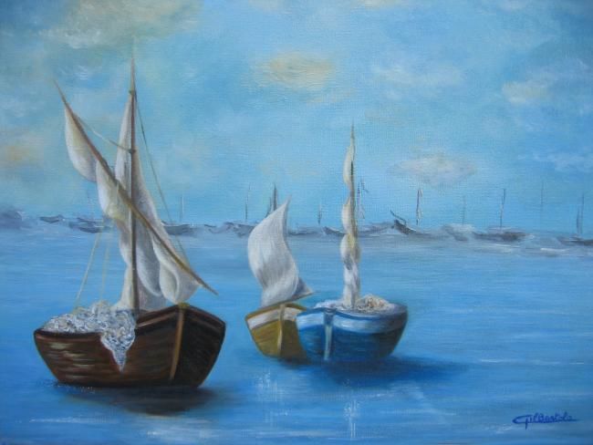 Pintura titulada "Barques à l'entrée…" por Gil Bartolo, Obra de arte original