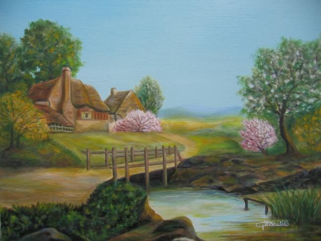 Painting titled "Chaumières au bord…" by Gil Bartolo, Original Artwork
