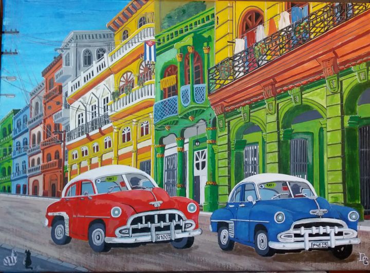 Painting titled "carrera de taxis" by Gilbert Devesa, Original Artwork, Acrylic Mounted on Wood Stretcher frame