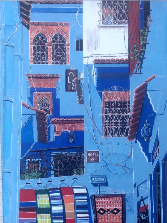 Painting titled "Tapis a Chefchaouen" by Gilbert Devesa, Original Artwork, Acrylic Mounted on Wood Panel