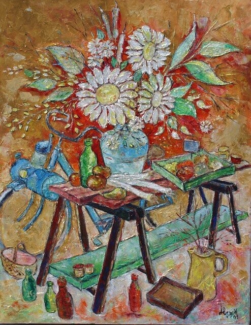 Painting titled "Scène de marché à P…" by Gilbert Liblin, Original Artwork, Oil