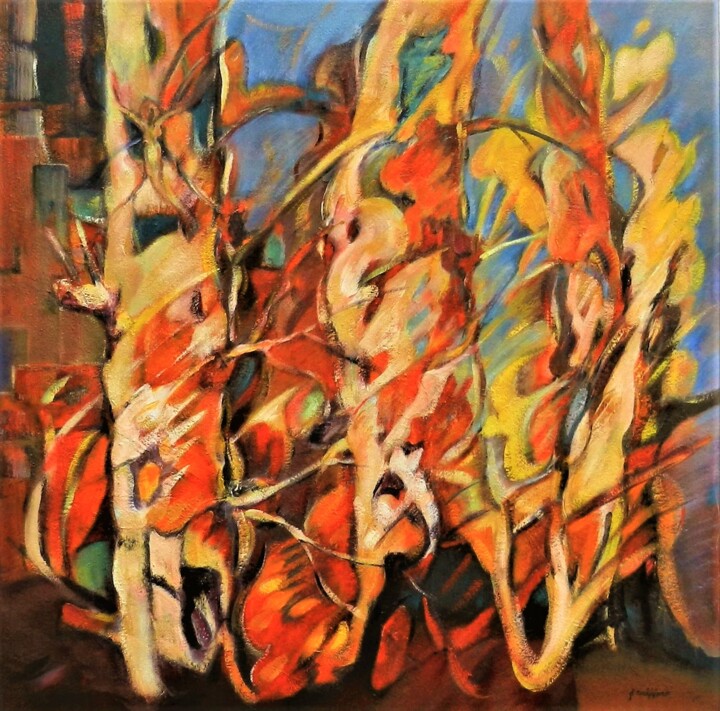 Painting titled "Drie Herfst berken" by Gilbert Swiggers, Original Artwork, Oil