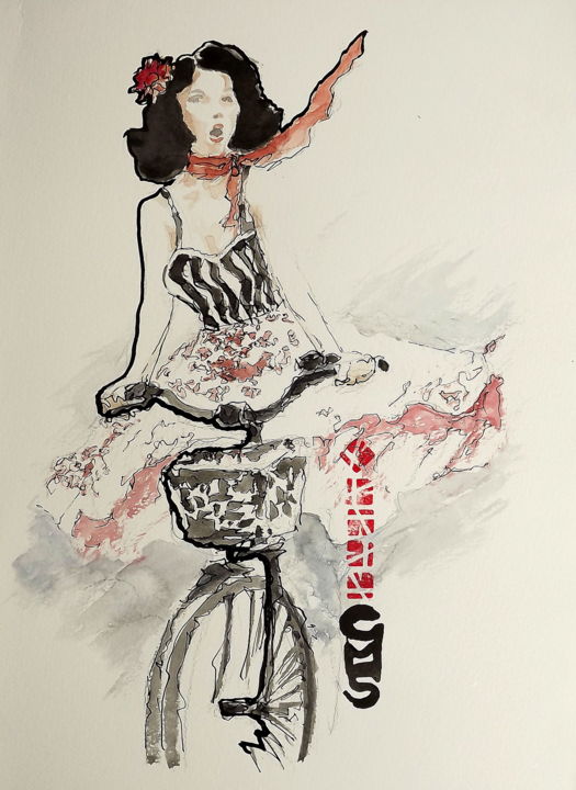 Desenho intitulada "Moça na bicicleta" por Gilberto Marques, Obras de arte originais