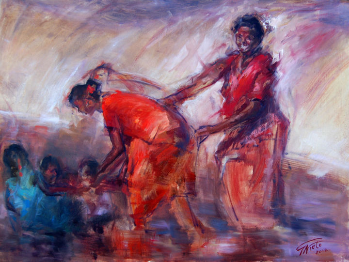 Pittura intitolato "Bagnanti indiane" da Gilberto Nieto, Opera d'arte originale