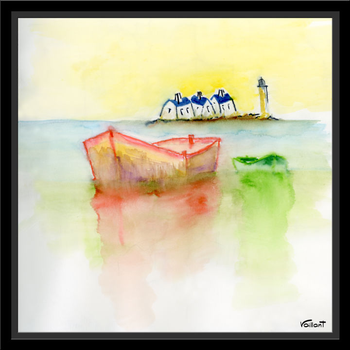 Painting titled "Deux barques et tro…" by Gilbert Vaillant, Original Artwork, Ink