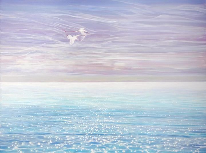 Malerei mit dem Titel "White Birds Blue Se…" von Gill Bustamante, Original-Kunstwerk, Öl