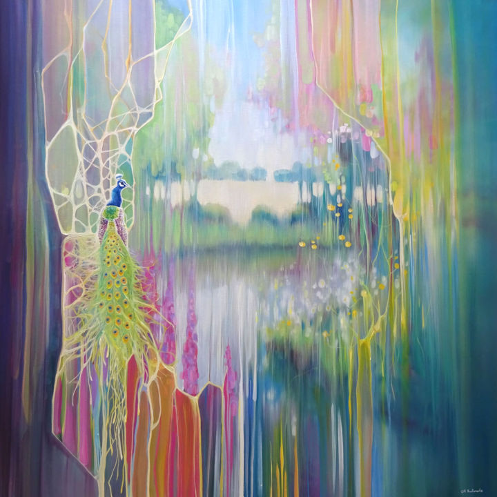 Painting titled "The Peacocks Garden" by Gill Bustamante, Original Artwork, Oil