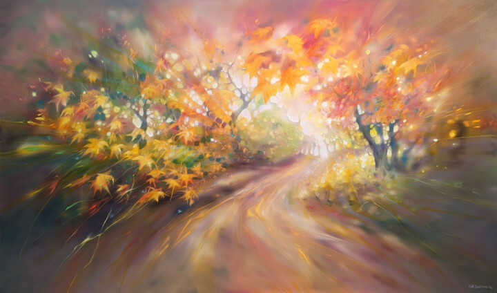 Painting titled "Autumn Magic" by Gill Bustamante, Original Artwork, Oil Mounted on Wood Stretcher frame
