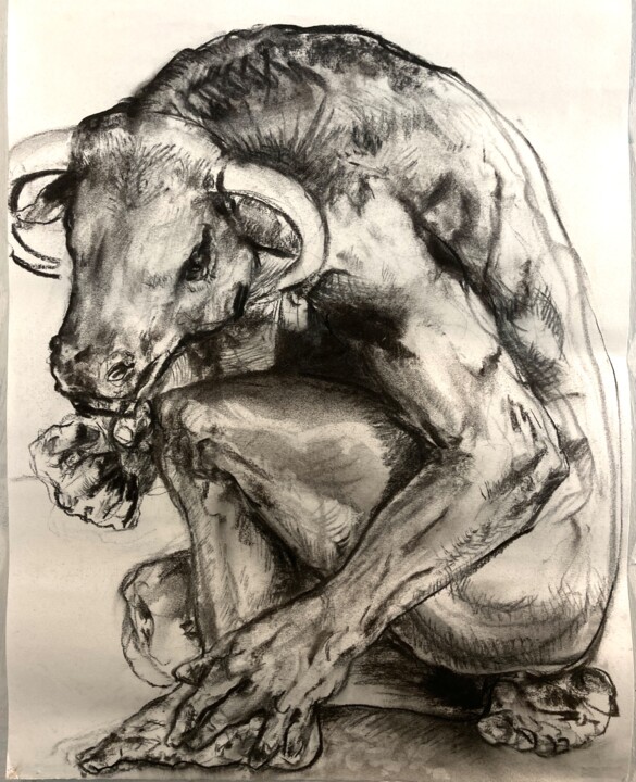 Drawing titled "Minotaure accroupi" by Gilles Glaçon, Original Artwork, Charcoal